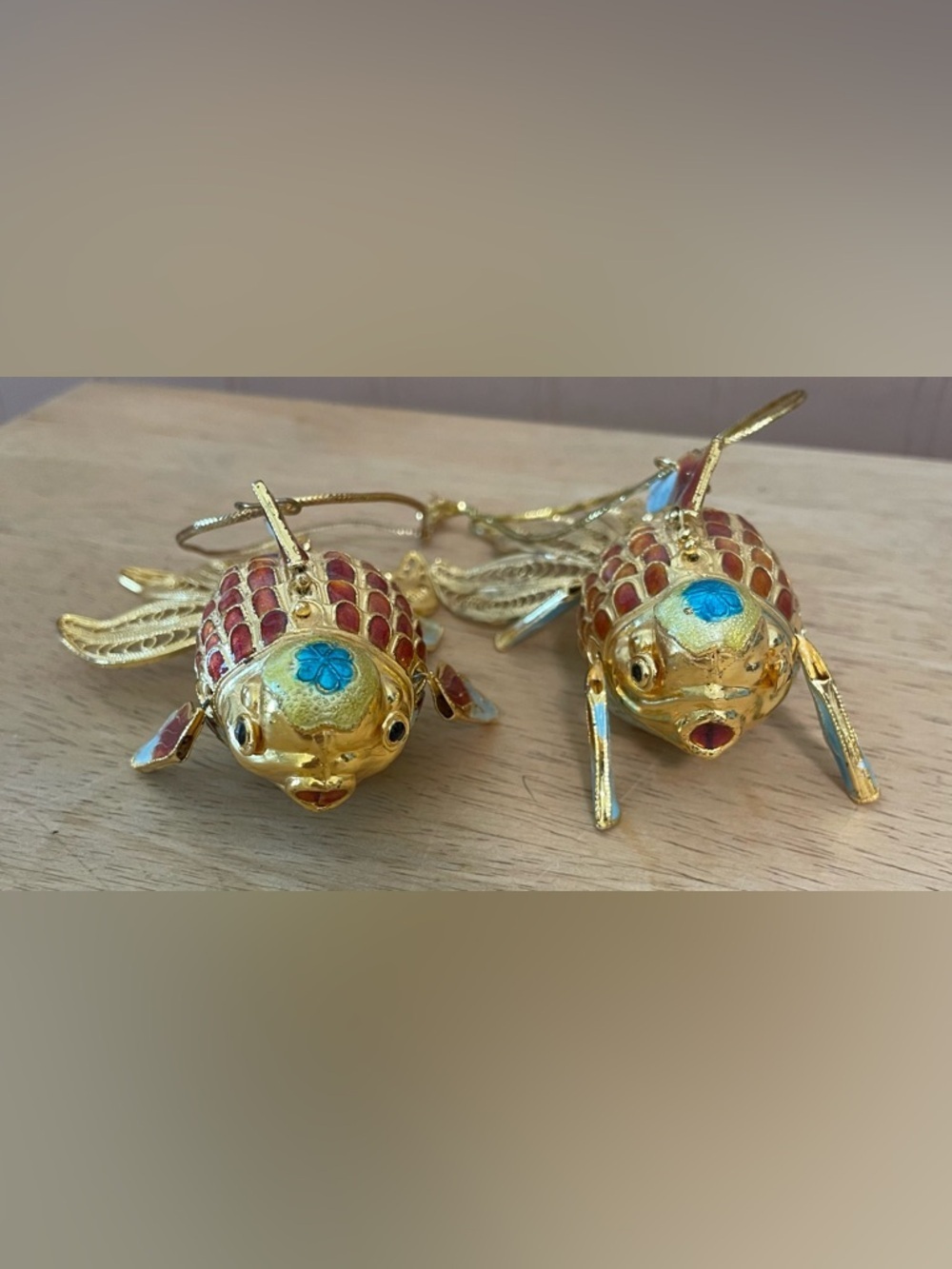 Vintage Chinese Enamel Pair of Koi Fish Gold Large Fan Tail Ornament Handmade